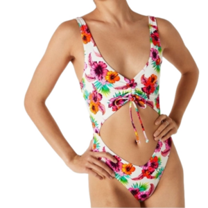 PINK Victoria's Secret White One-piece Ruched front swim suit, Vivid Flowers, XL